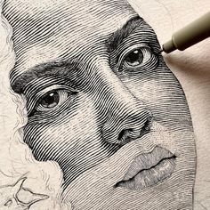 a drawing of a man's face is shown with a pen on top of it