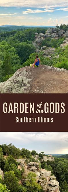 two photos with the words garden of the gods written in brown and blue on them