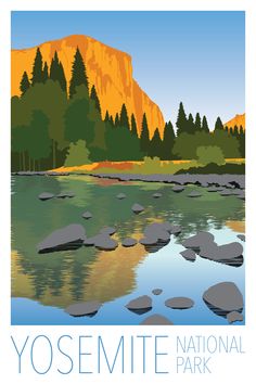 yosemite national park poster with mountains in the background and water flowing through it