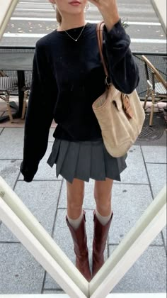 High Boots Autumn Outfit, Boots Outfit For Women Aesthetic, Fall Skirt Outfits Aesthetic, Fall Knee High Boots Outfits 2024, Black Riding Boots Skirt Outfit, Tall Brown Boots Outfit Spring, Brown High Boots Outfit Winter, Boots With Pleated Skirt, Skirt And Riding Boots Outfit