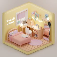 a dollhouse bedroom with a bed, desk and mirror