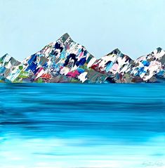 an abstract painting of mountains in the ocean