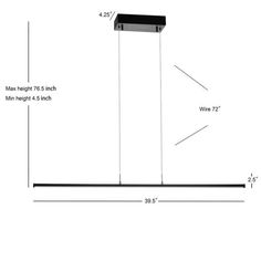 a diagram showing the height and width of a suspended light fixture with two lights on each side