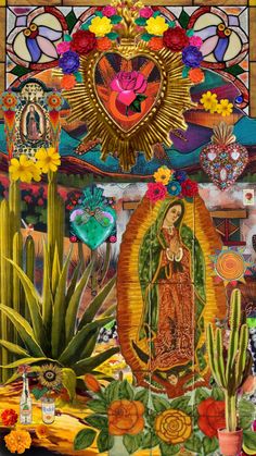 the virgin mary surrounded by cacti and succulents