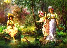 three women are standing in the water near some trees and bushes, one is holding a stick