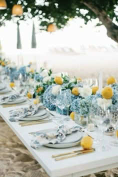 a long table with blue and white flowers on it is set for an outdoor dinner