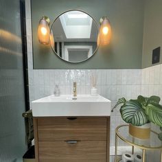 a bathroom with a sink and mirror next to a plant