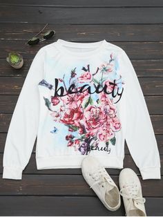 Floral Letter Print Long Sleeve Tee - FLORAL M Flower Print Top, Letter Print Tee, Floral Tee, Floral Letters, Floral Print Tops, Print Tee, Relaxed Style, Comfortable Outfits, Long Sleeve T Shirts