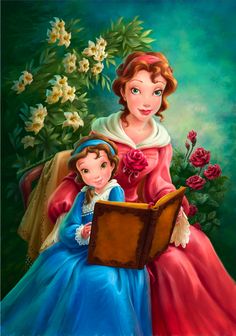 a painting of a mother and daughter reading a book together with flowers in the background