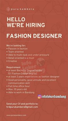 an advertisement for a fashion designer in india, with the words hello we're hiring