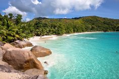 people are swimming in the clear blue water at an island with palm trees and white sand