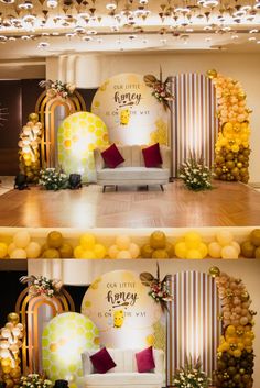 two pictures of a stage set up with balloons and decorations on the sides, one is yellow