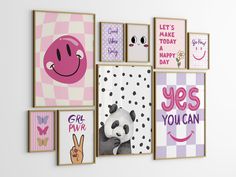 there are many pictures on the wall with different colors and designs in them, including panda