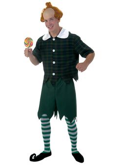 a man in a costume holding a lollipop