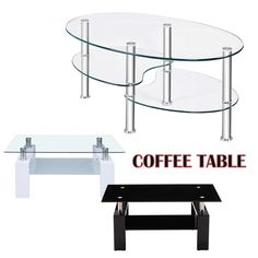 two coffee tables with glass tops and metal legs, one is black and the other is clear