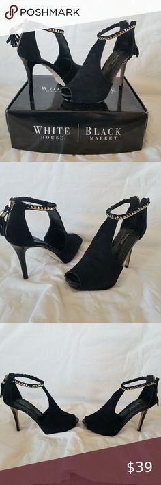 WHBM White House Black Market Adonia Black Peep Toe Stiletto Heels Boot 6.5 EUC Home White, 4 Inch Heels, Stiletto Heel, Black Heels, White House Black, White House Black Market, House Black, Black House, Black Suede