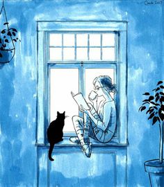 a drawing of a woman sitting on a window sill reading a book next to a cat