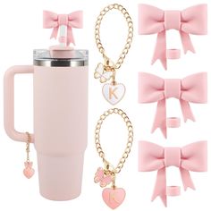 pink bowknots, coffee mug and keychain with initial charms on them