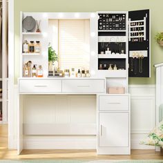 a white vanity with lights on it in a room next to a bed and dresser