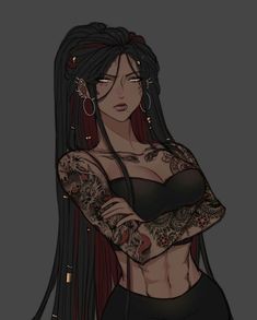 Tattooed Female Character Art, Black Characters, Character Poses, Learn Art, Anime Monochrome, Digital Art Illustration, Girls Cartoon Art