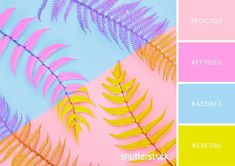 the color scheme is pink, blue, yellow and green with different leaves on it