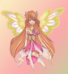 a drawing of a fairy girl with long hair and wings on her back, standing in front of a pink background