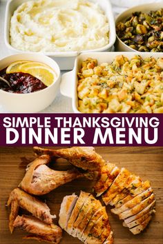 thanksgiving dinner menu with turkey, mashed potatoes and gravy on the side