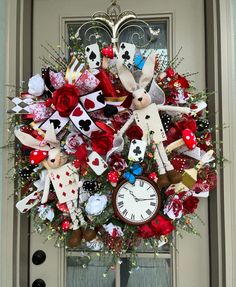 a clock and some decorations on a door