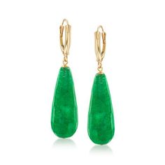 Ross-Simons - Jade Drop Earrings in 14kt Yellow Gold. These drop earrings are eye-catching! Vivacious 28x11mm pear-shaped faceted green jade beads dangle from polished 14kt yellow gold leverbacks. Hanging length is 1 7/8". Jade drop earrings. Jewelry Presentation, Unique Dangle Earrings, Sky Blue Topaz Ring, Opal Drop Earrings, Turquoise Drop Earrings, Opal Pendant Necklace, Rose Quartz Heart, Jade Earrings, Beaded Drop Earrings