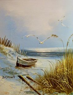 a painting of a boat on the beach with seagulls flying over it and grass in the foreground