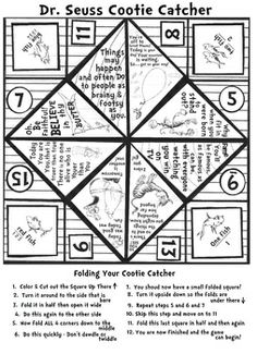 the dr seuss cootie catcher is shown in this printable activity book