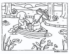 a coloring page with two children in a boat