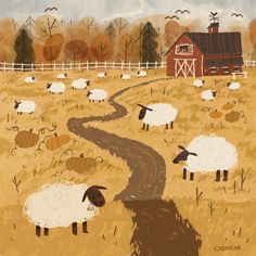 a painting of sheep in a field with a barn and road leading to the farm