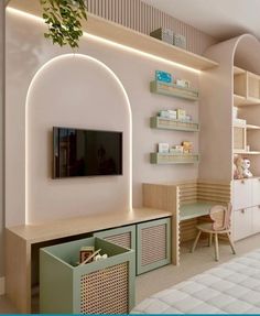 a living room with shelves and a tv on the wall