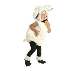 Ewe can pick up this Toddler Lovely Lamb Costume for your child's next Halloween. This outfit comes as a one piece romper style jumpsuit. It is made of white chenille material and resembles a very woolly with its exaggerated fleece appearance. The body is cut off along the shoulders and legs which means you get to wear your own clothing underneath. A pair of shoe covers also come in the same chenille look with attached pieces of black felt to look like actual lamb's feet. It has ears and a puffy hairdo with space for your child to peek their face through. You receive a hood that attaches underneath the chin which also has a lam bell as decoration. The Lovely Lamb costume is perfect for looking so cute while trick-or-treating. Check out some other accessories and items to help make the nigh Baby Sheep Costume, Diy Sheep Costume, Sheep Costume, 3 People Costumes, Lamb Costume, Sheep Costumes, Nativity Costumes, Pig Costumes, Baby Kostüm