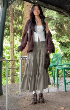 green skirt, long skirt, whithe top,  bag, summer, black necklace, cute, Brown boots, aesthetic, pretty girl, douyin, holiday#outfit,nature, sawako, fit, thriftedfashion, OUTFIT Idea,summer OUTFIT, hangout  #aesthetic Nature Girl Outfits, Mid Length Skirt Outfit, Forestcore Outfit, Hangout Aesthetic, Boho Skirt Outfit, Long Skirt Aesthetic, Brown Skirt Outfit, Green Skirt Outfits, Long Skirt Winter