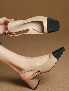 Beige and black low square heel shoes Smart Casual Women Summer, Khaki Heels, Beige Heels, Slip On Pumps, Womens Summer Shoes, Beige And Black, Pointed Toe Heels, Quiet Luxury, Fashion High Heels