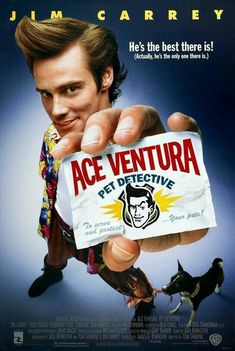 the movie poster for ace venturaa, featuring a man holding up a card with an ad on it