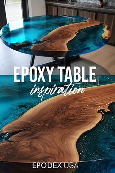 the epoxy table is designed to look like an ocean wave