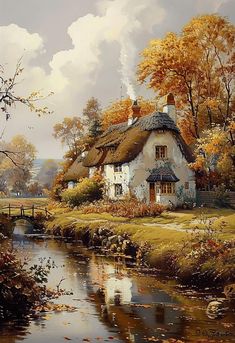 a painting of a thatched roofed house next to a river with autumn leaves on the ground