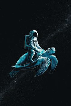 an astronaut riding on the back of a turtle