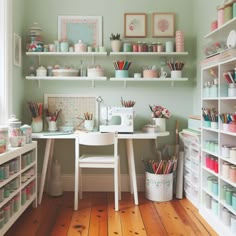 a sewing room with lots of crafting supplies on the desk and shelves above it