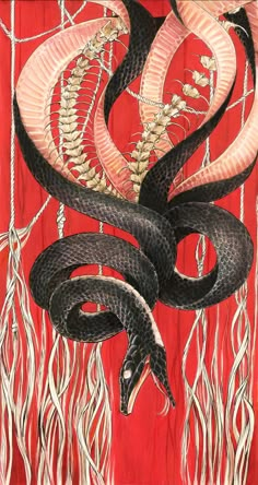 a painting of a snake on a red background