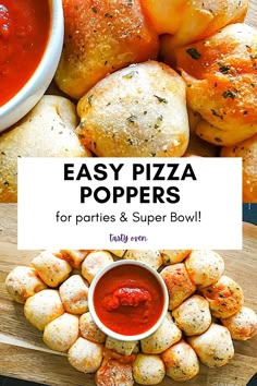 easy pizza poppers for parties and super bowl party food with text overlay that reads easy pizza poppers for parties and super bowl