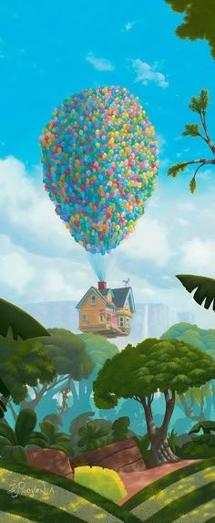 a painting of a house in the air with balloons