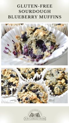 blueberry muffins in paper cups with text overlay