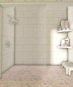 a white bathroom with shelves on the wall and a bench in the corner next to it