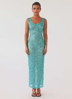 Blue sequin maxi dress | Peppermayo | Afterpay, Klarna and Zip available | Free Shipping* Flip The Script, Rush Outfits, Blue Sequin Dress, Coachella Dress, Tropical Dress, Sequin Maxi Dress, Sequin Maxi, Long Sleeve Knit Dress, The Script