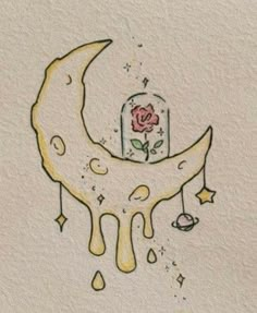 a drawing of a crescent moon with a rose in a jar on it's side