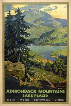 an old poster advertising adirondack mountains lake placid